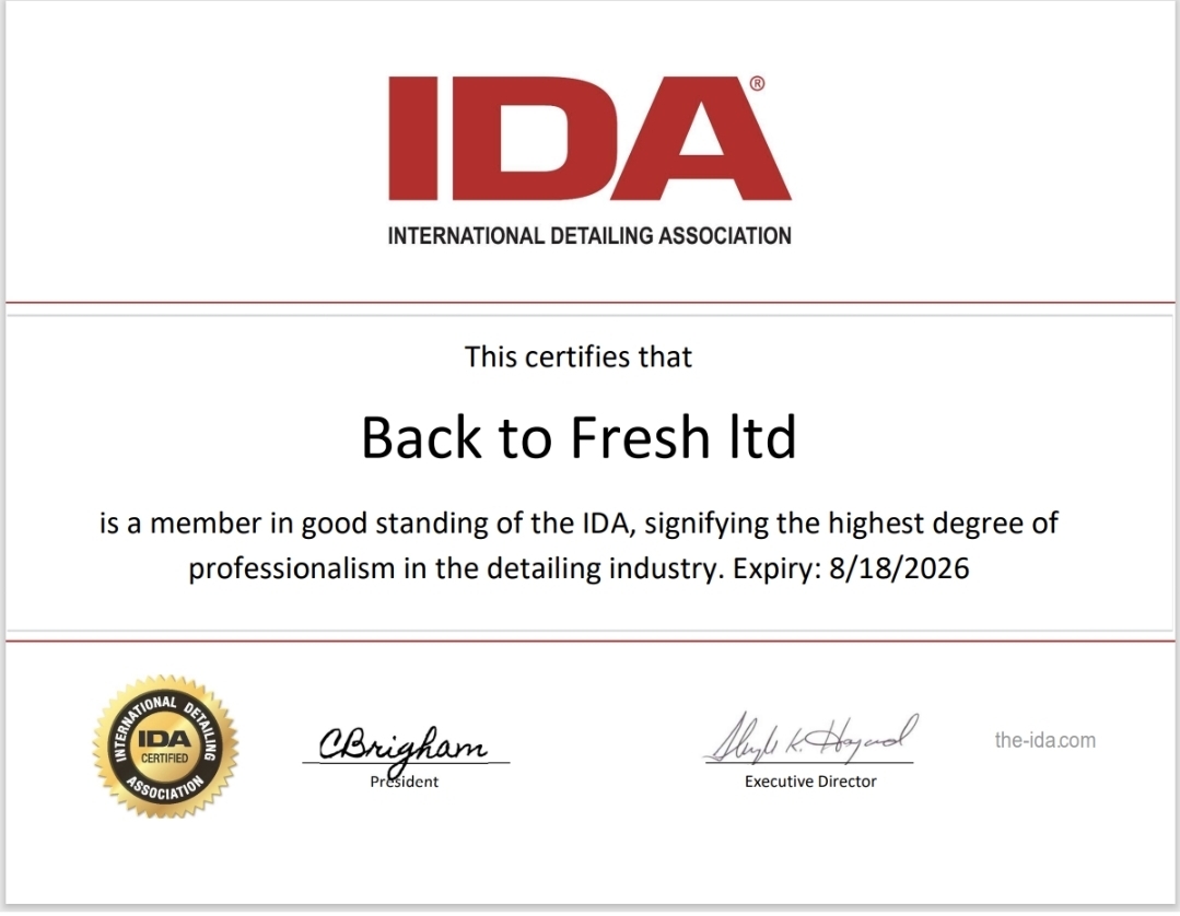 IDA Certificate Certificate of membership for Back to Fresh Ltd from the International Detailing Association IDA Certified Detailer.