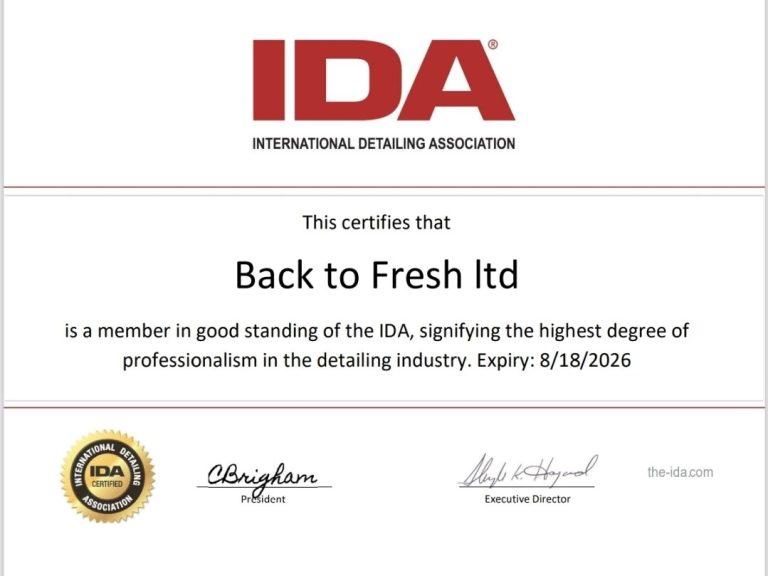 Certification for Back to Fresh Ltd from the International Detailing Association.