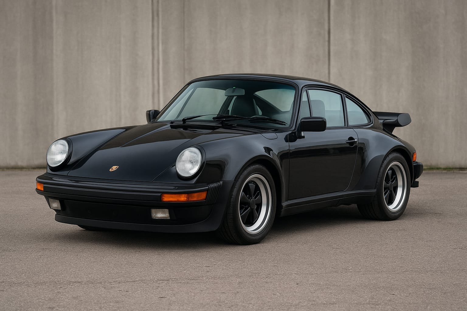 Porsche 911 Turbo A black Porsche 911 Turbo parked against a grey wall.