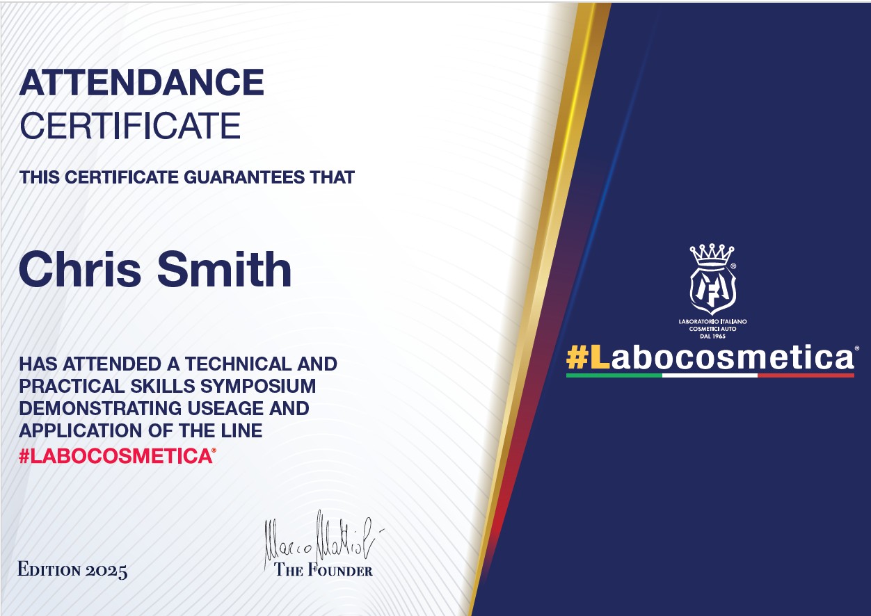 Labocosmetica Accreditation Attendance certificate for Chris Smith, confirming participation in a labcosmetics course.