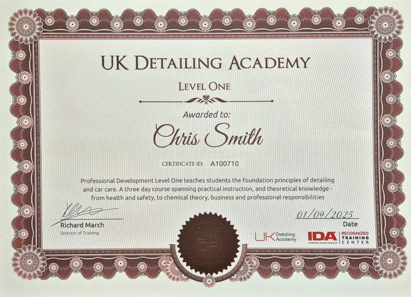 UKDA Level 1 Certificate Certificate of completion for Level One from UK Detailing Academy awarded to Chris Smith.