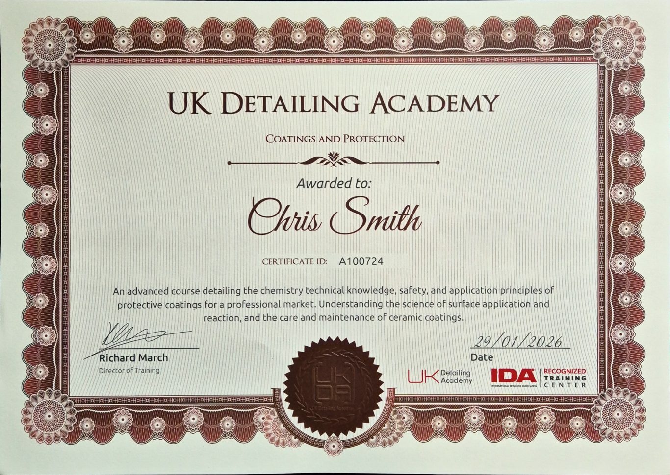 UKDA Coatings and Protection Certificate of achievement from UK Detailing Academy awarded to Chris Smith.