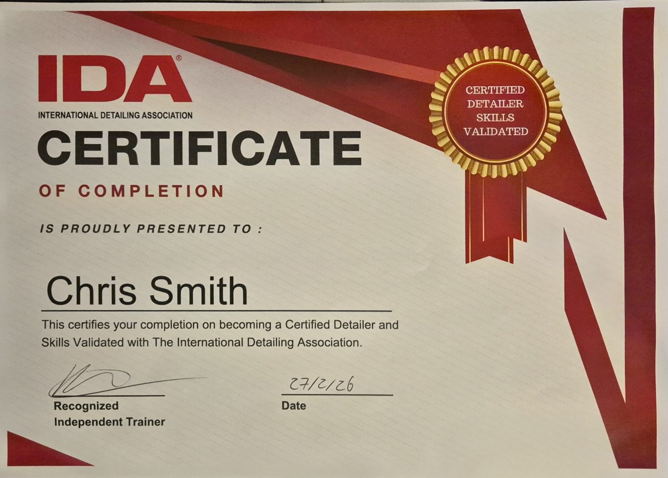 IDA Certificate - Skills validated Certificate of completion presented to Chris Smith by the International Dyslexia Association.